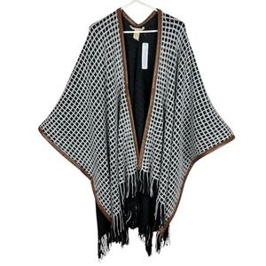 Soft Surroundings Kareli Plaid Topper Black White Poncho Fringe Size L/XL